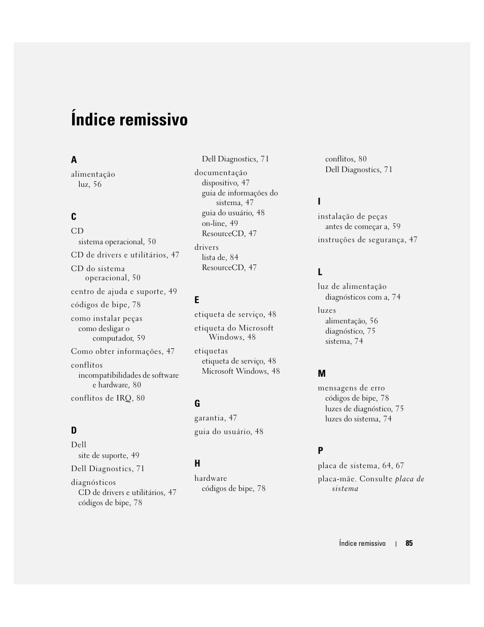 Índice remissivo | Dell OptiPlex 210L User Manual | Page 85 / 130