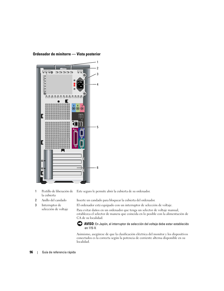 Ordenador de minitorre - vista posterior, Ordenador de minitorre — vista posterior | Dell OptiPlex 210L User Manual | Page 96 / 130