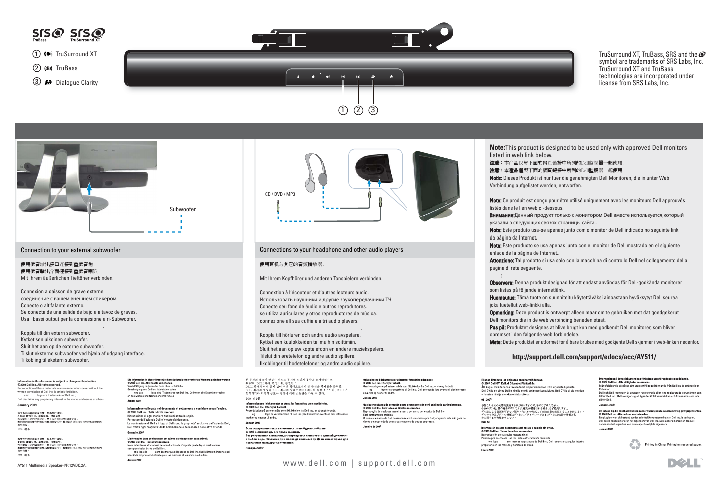 Trubass 2 trusurround xt 1 3 dialogue clarity, Subwoofer | Dell FDP SoundBar with Virtual Surround (AY511) User Manual | Page 2 / 2