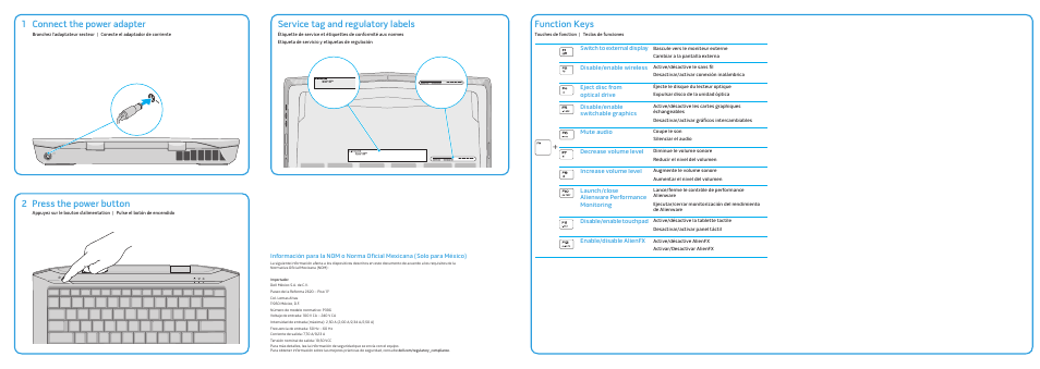 Press the power button, Function keys, Connect the power adapter | 21 service tag and regulatory labels | Dell Alienware 14 (Mid 2013) User Manual | Page 2 / 2