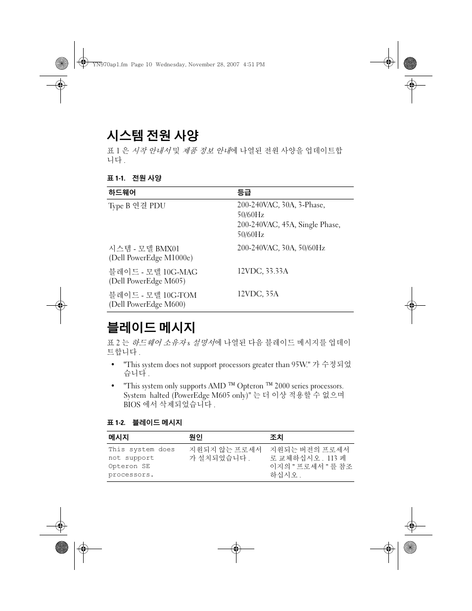 시스템 전원 사양, 블레이드 메시지 | Dell PowerEdge M600 User Manual | Page 17 / 21