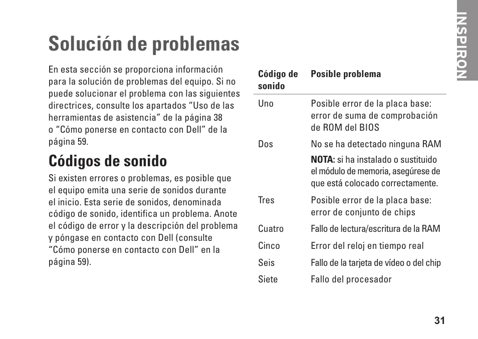 Solución de problemas, Códigos de sonido, Inspiron | Dell Inspiron Zino (300, Late 2009) User Manual | Page 33 / 82