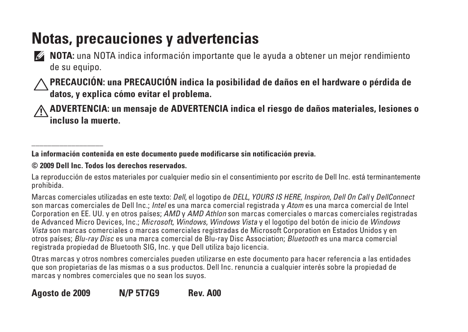 Notas, precauciones y advertencias | Dell Inspiron Zino (300, Late 2009) User Manual | Page 4 / 82