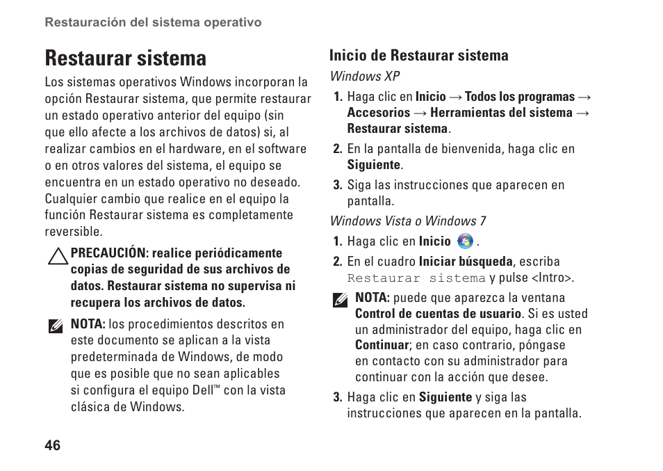 Restaurar sistema | Dell Inspiron Zino (300, Late 2009) User Manual | Page 48 / 82