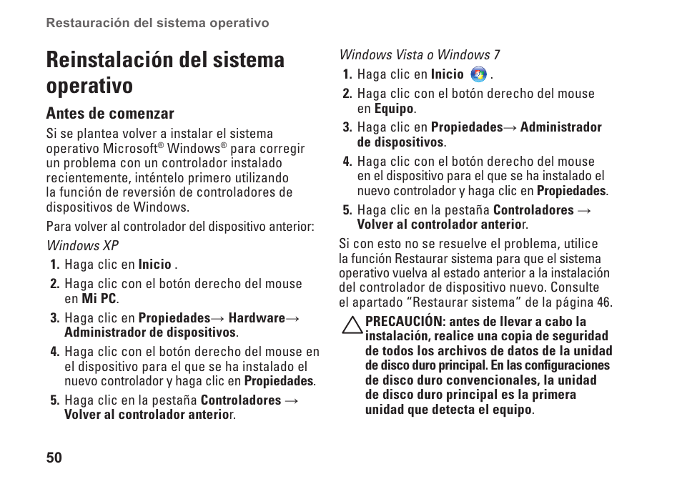 Reinstalación del sistema operativo | Dell Inspiron Zino (300, Late 2009) User Manual | Page 52 / 82