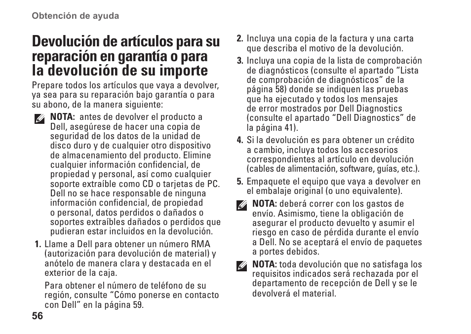 Devolución de artículos para su reparación en, Garantía o para la devolución de su, Importe | Dell Inspiron Zino (300, Late 2009) User Manual | Page 58 / 82