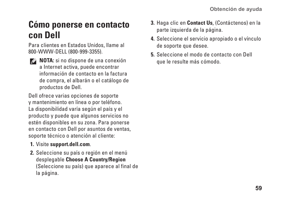 Cómo ponerse en contacto con dell | Dell Inspiron Zino (300, Late 2009) User Manual | Page 61 / 82