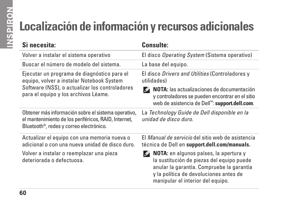 Localización de información y recursos adicionales, Localización de información y recursos, Adicionales | Inspiron | Dell Inspiron Zino (300, Late 2009) User Manual | Page 62 / 82