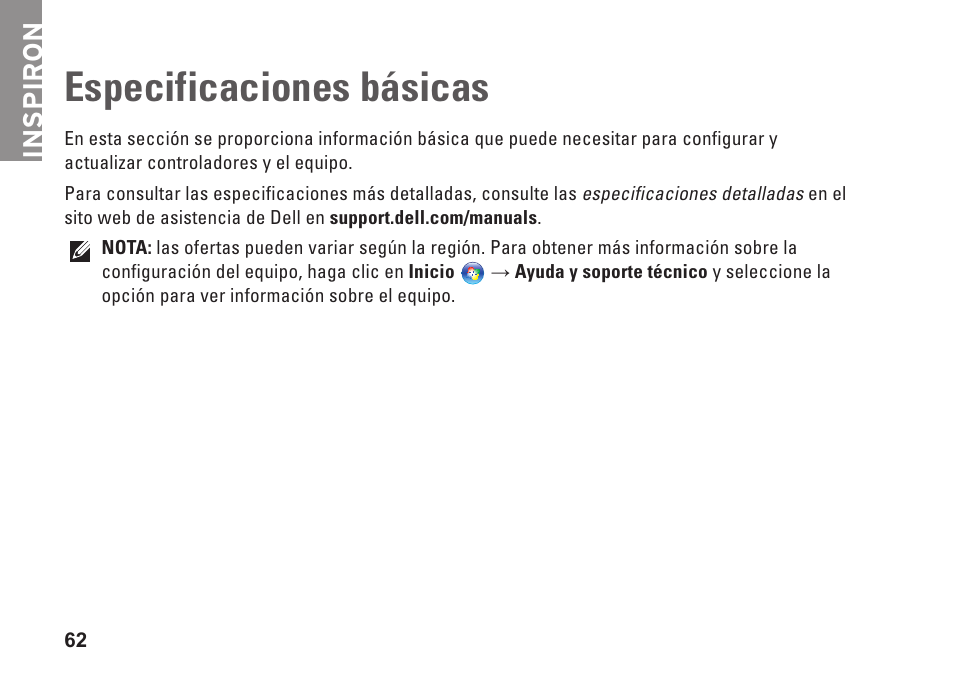 Especificaciones básicas, Inspiron | Dell Inspiron Zino (300, Late 2009) User Manual | Page 64 / 82