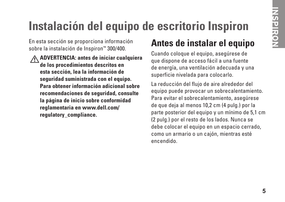 Instalación del equipo de escritorio inspiron, Antes de instalar el equipo, Instalación del equipo de escritorio | Inspiron | Dell Inspiron Zino (300, Late 2009) User Manual | Page 7 / 82