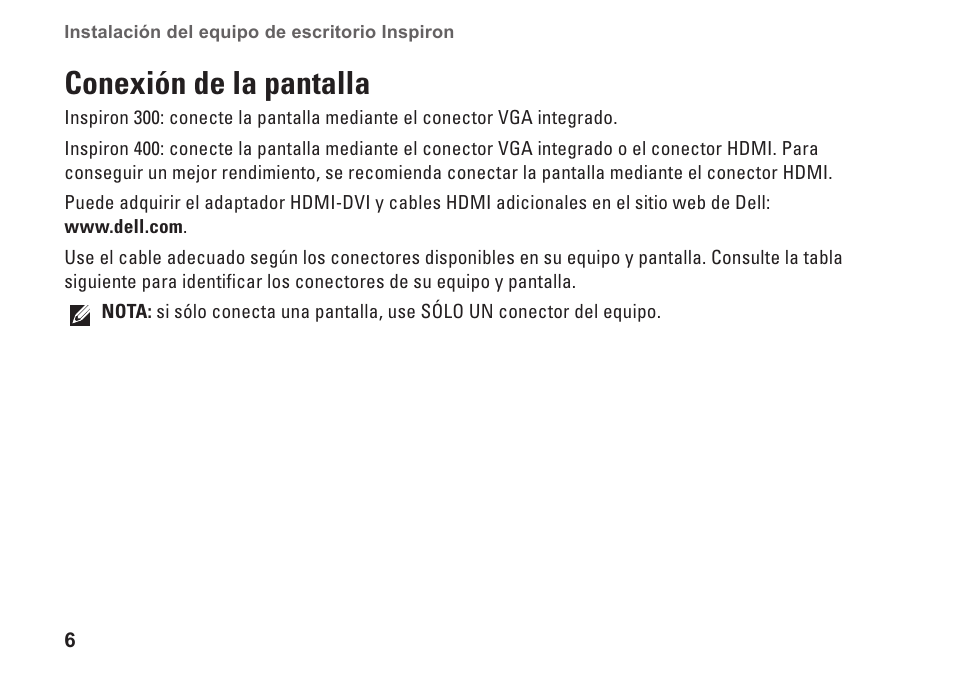 Conexión de la pantalla | Dell Inspiron Zino (300, Late 2009) User Manual | Page 8 / 82