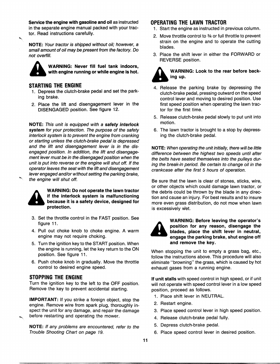 Starting the engine, Stopping the engine, Operating the lawn tractor | Warning: look to the rear before backing up | Bolens 300 Series User Manual | Page 11 / 20