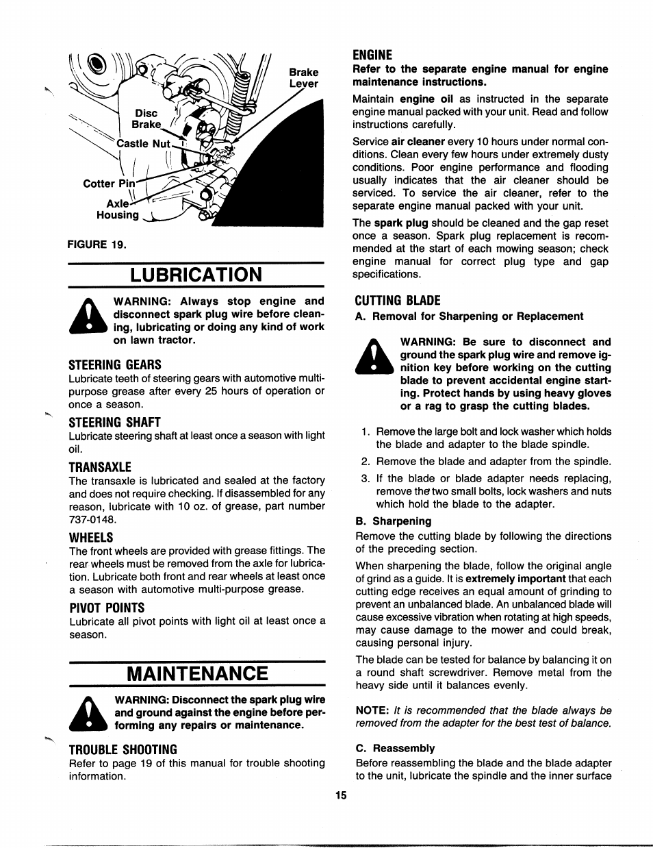 Lubrication, Steering gears, Steering shaft | Transaxle, Wheels, Pivot points, Maintenance, Trouble shooting, Engine, Cutting blade | Bolens 300 Series User Manual | Page 15 / 20