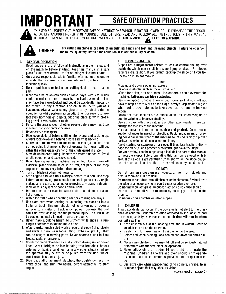 Safe operation practices, Danger, Ii. slope operation | Do not, Important | Bolens 300 Series User Manual | Page 2 / 20