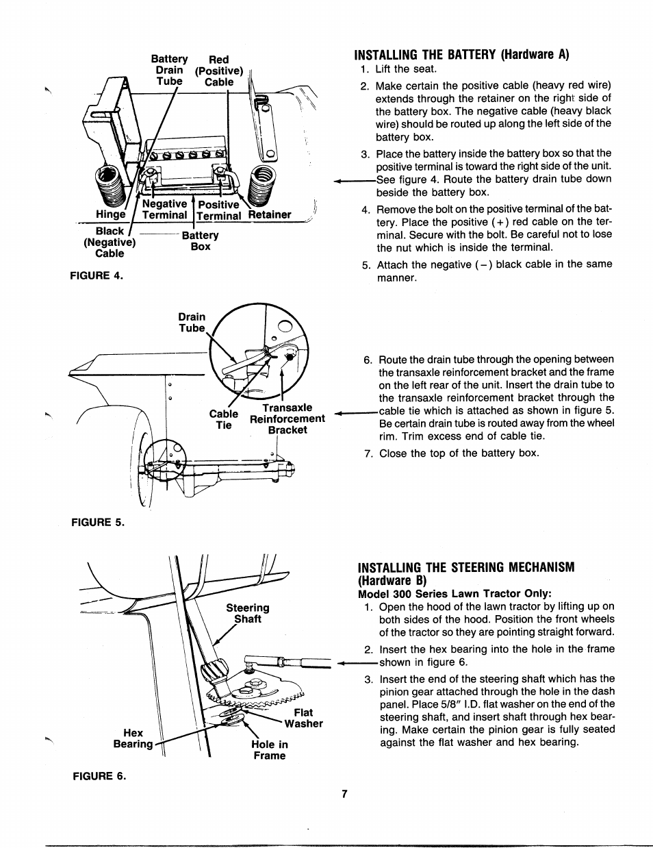 Installing the battery (hardware a), Installing the steering mechanism (hardware b) | Bolens 300 Series User Manual | Page 7 / 20