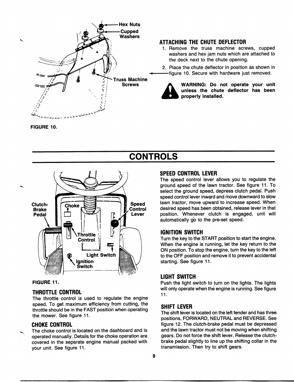 Attaching the chute deflector, Controls, Throttle control | Choke control, Speed control lever, Ignition switch, Light switch, Shift lever | Bolens 300 Series User Manual | Page 9 / 20