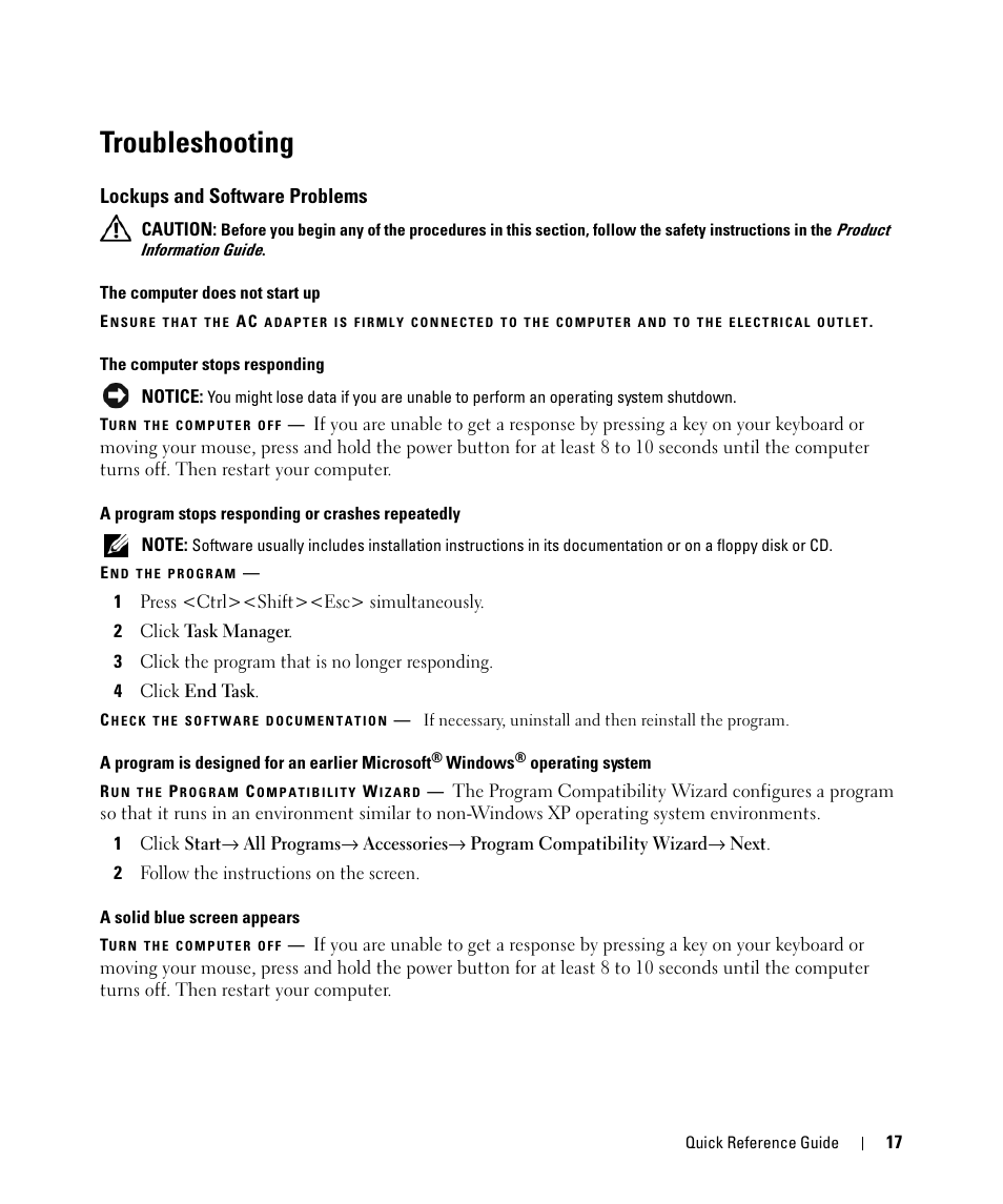 Troubleshooting, Lockups and software problems | Dell Latitude D520 User Manual | Page 17 / 96
