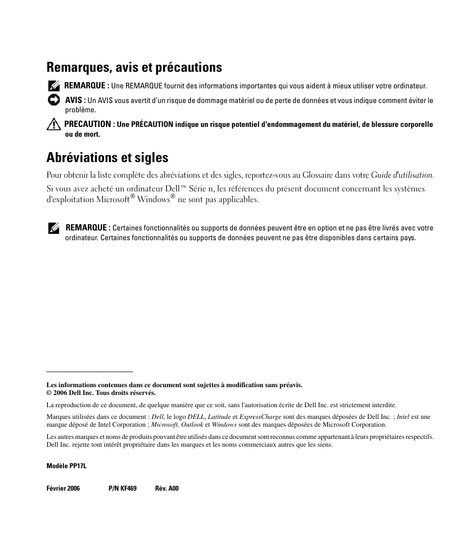 Remarques, avis et précautions, Abréviations et sigles | Dell Latitude D520 User Manual | Page 26 / 96