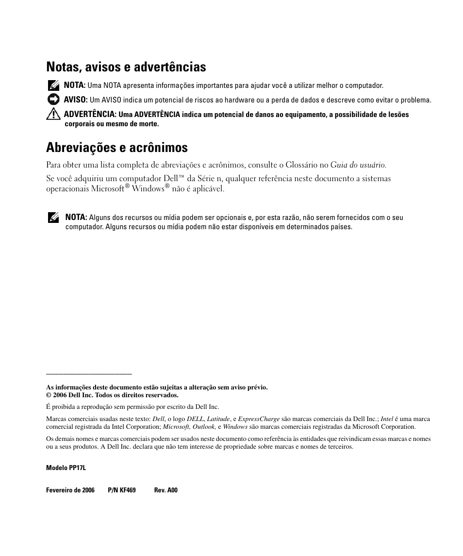 Notas, avisos e advertências, Abreviações e acrônimos | Dell Latitude D520 User Manual | Page 50 / 96