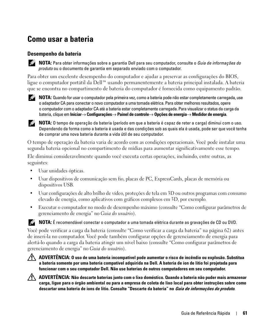 Como usar a bateria, Desempenho da bateria | Dell Latitude D520 User Manual | Page 61 / 96