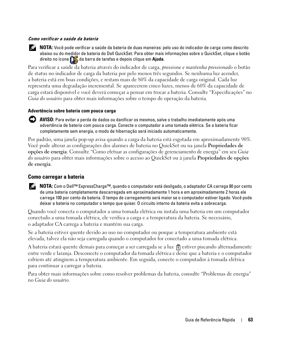 Como carregar a bateria | Dell Latitude D520 User Manual | Page 63 / 96