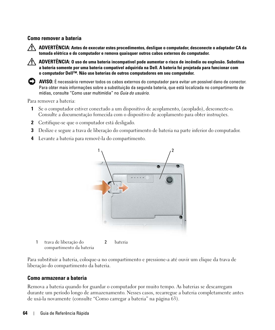 Como remover a bateria, Como armazenar a bateria | Dell Latitude D520 User Manual | Page 64 / 96