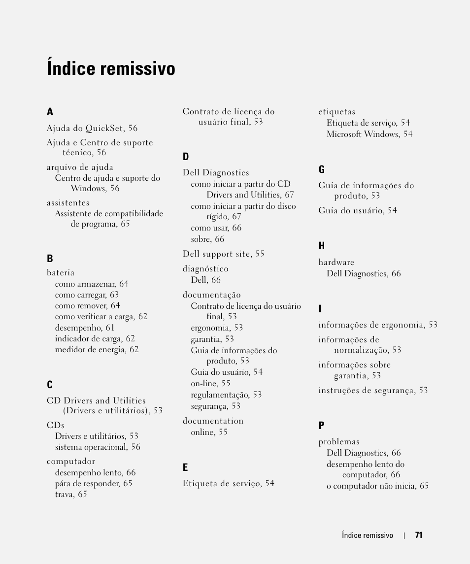 Índice remissivo | Dell Latitude D520 User Manual | Page 71 / 96