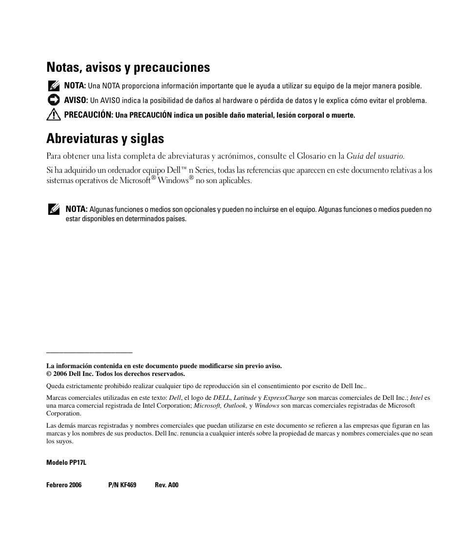 Notas, avisos y precauciones, Abreviaturas y siglas | Dell Latitude D520 User Manual | Page 74 / 96