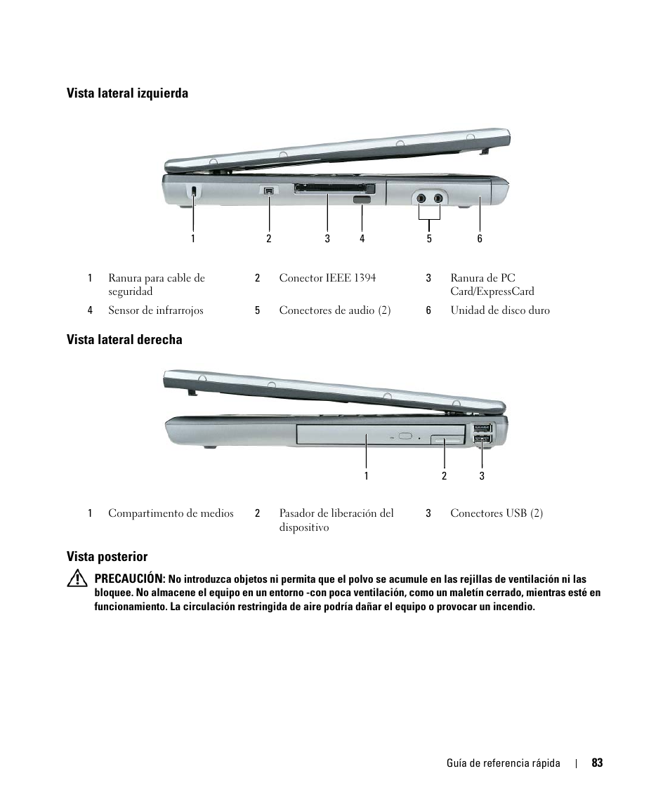 Vista lateral izquierda, Vista lateral derecha, Vista posterior | Dell Latitude D520 User Manual | Page 83 / 96