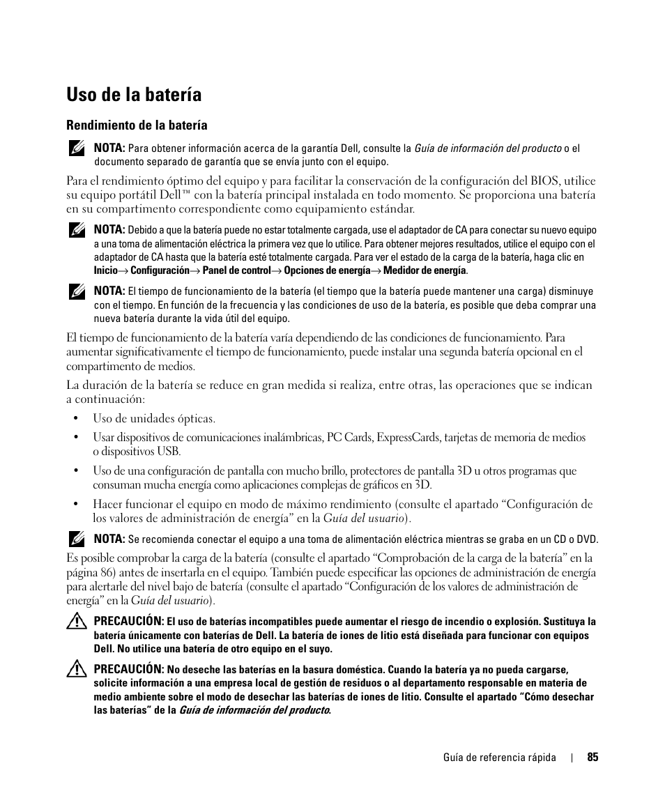 Uso de la batería, Rendimiento de la batería | Dell Latitude D520 User Manual | Page 85 / 96