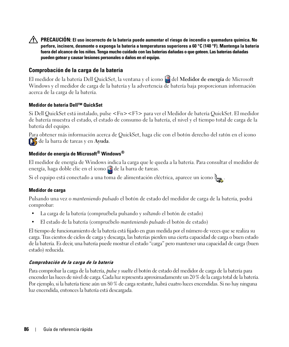 Comprobación de la carga de la batería | Dell Latitude D520 User Manual | Page 86 / 96