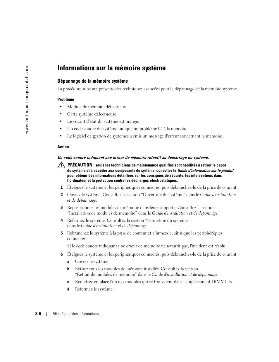 Informations sur la mémoire système, Dépannage de la mémoire système | Dell PowerEdge 1850 User Manual | Page 24 / 58