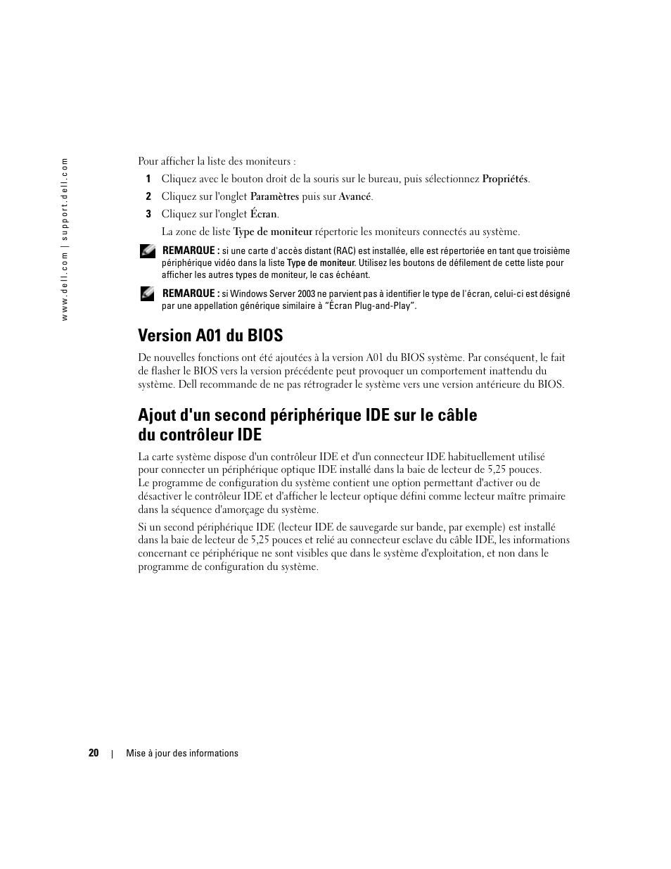 Version a01 du bios | Dell PowerEdge 1800 User Manual | Page 22 / 66