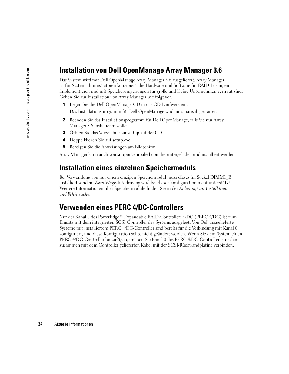 Installation von dell openmanage array manager 3.6, Installation eines einzelnen speichermoduls, Verwenden eines perc 4/dc-controllers | Dell PowerEdge 1800 User Manual | Page 36 / 66
