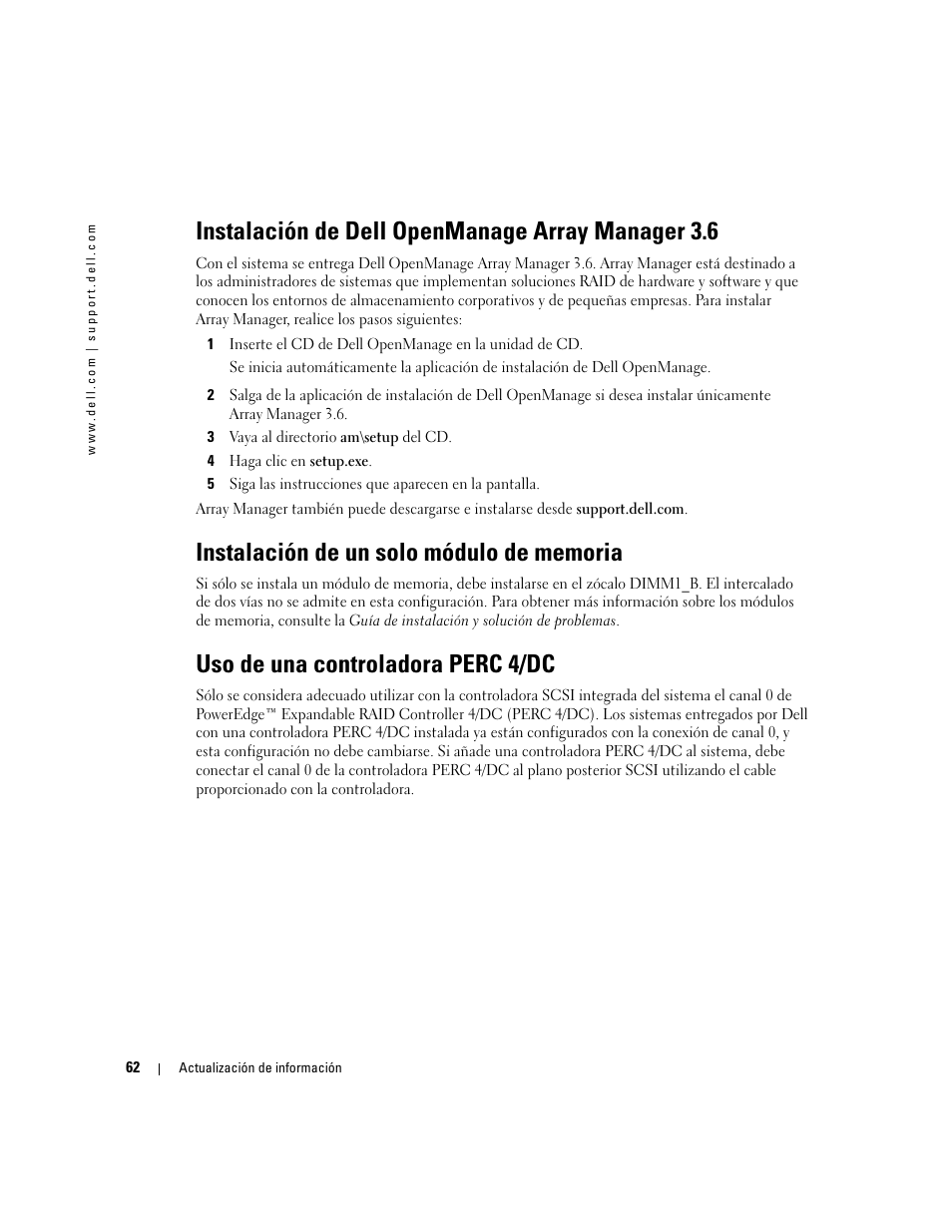 Instalación de dell openmanage array manager 3.6, Instalación de un solo módulo de memoria, Uso de una controladora perc 4/dc | Dell PowerEdge 1800 User Manual | Page 64 / 66