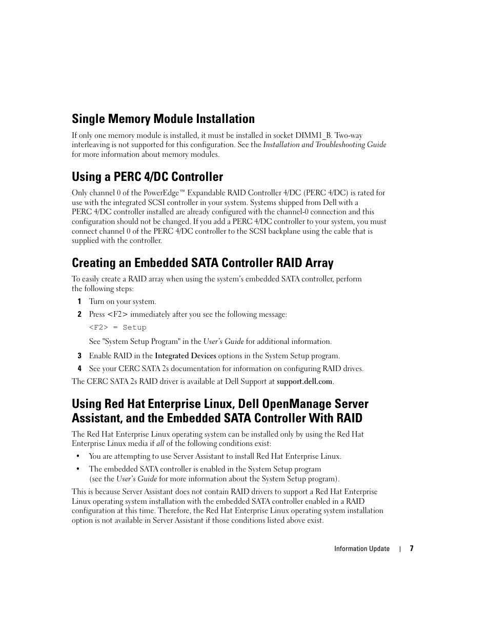 Single memory module installation, Using a perc 4/dc controller, Creating an embedded sata controller raid array | Dell PowerEdge 1800 User Manual | Page 9 / 66