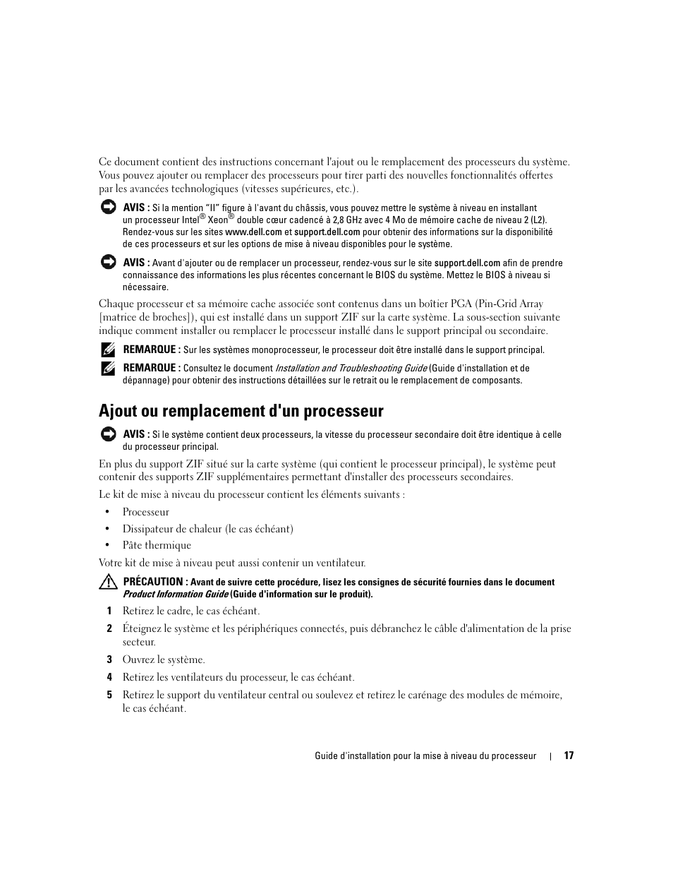 Ajout ou remplacement d'un processeur | Dell PowerEdge 2800 User Manual | Page 19 / 56
