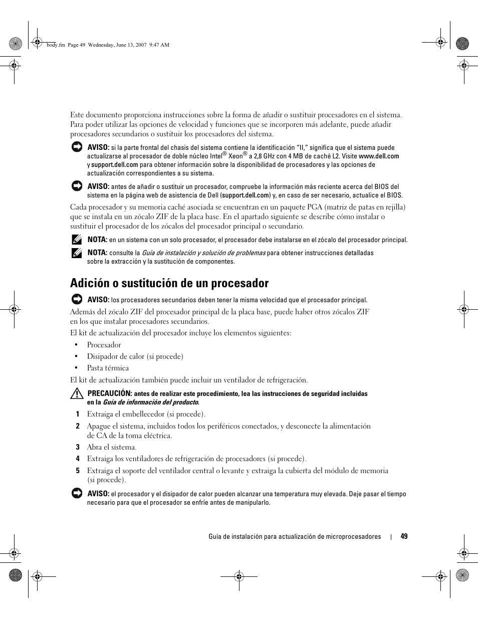 Adición o sustitución de un procesador | Dell PowerEdge 2800 User Manual | Page 51 / 56