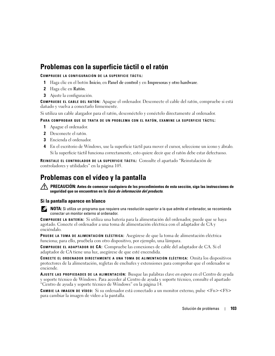 Problemas con la superficie táctil o el ratón, Problemas con el vídeo y la pantalla, Si la pantalla aparece en blanco | Dell Inspiron 640M User Manual | Page 103 / 190