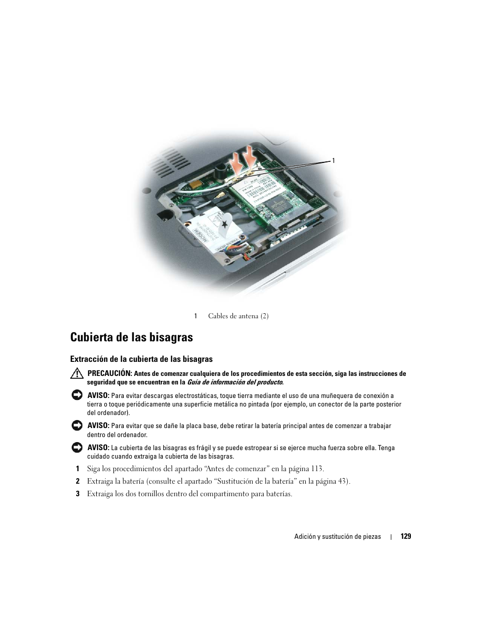 Cubierta de las bisagras, Extracción de la cubierta de las bisagras | Dell Inspiron 640M User Manual | Page 129 / 190