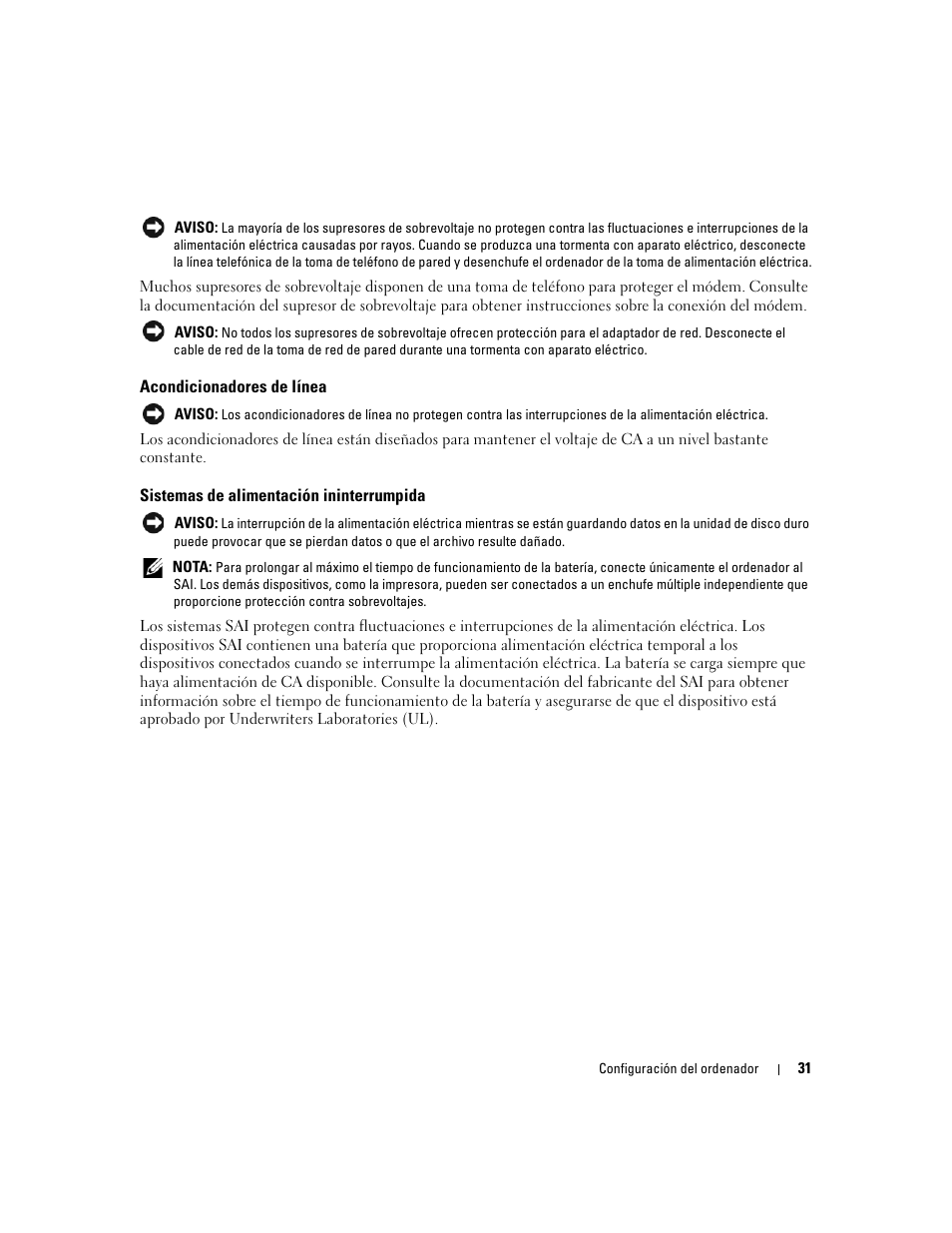 Acondicionadores de línea, Sistemas de alimentación ininterrumpida | Dell Inspiron 640M User Manual | Page 31 / 190