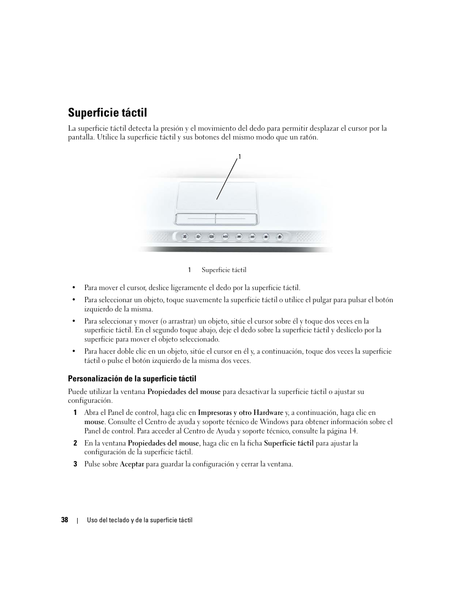 Superficie táctil, Personalización de la superficie táctil | Dell Inspiron 640M User Manual | Page 38 / 190