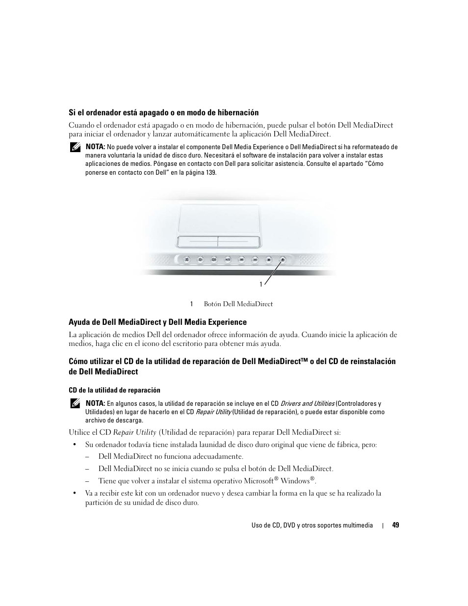 Ayuda de dell mediadirect y dell media experience | Dell Inspiron 640M User Manual | Page 49 / 190