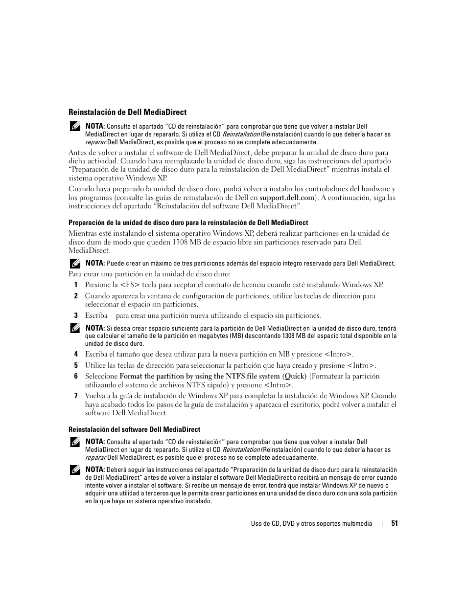 Reinstalación de dell mediadirect | Dell Inspiron 640M User Manual | Page 51 / 190