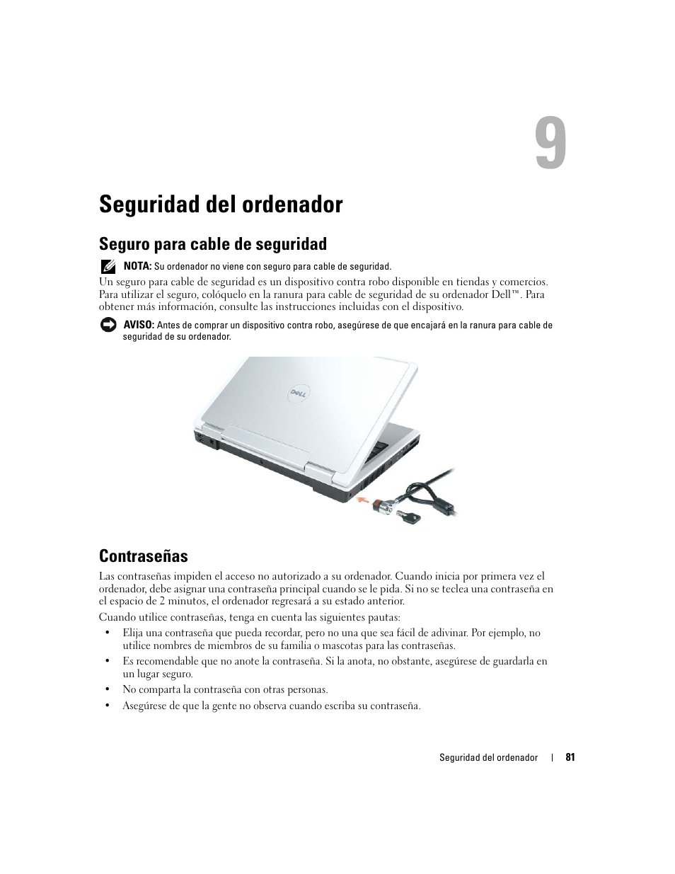 Seguridad del ordenador, Seguro para cable de seguridad, Contraseñas | Dell Inspiron 640M User Manual | Page 81 / 190