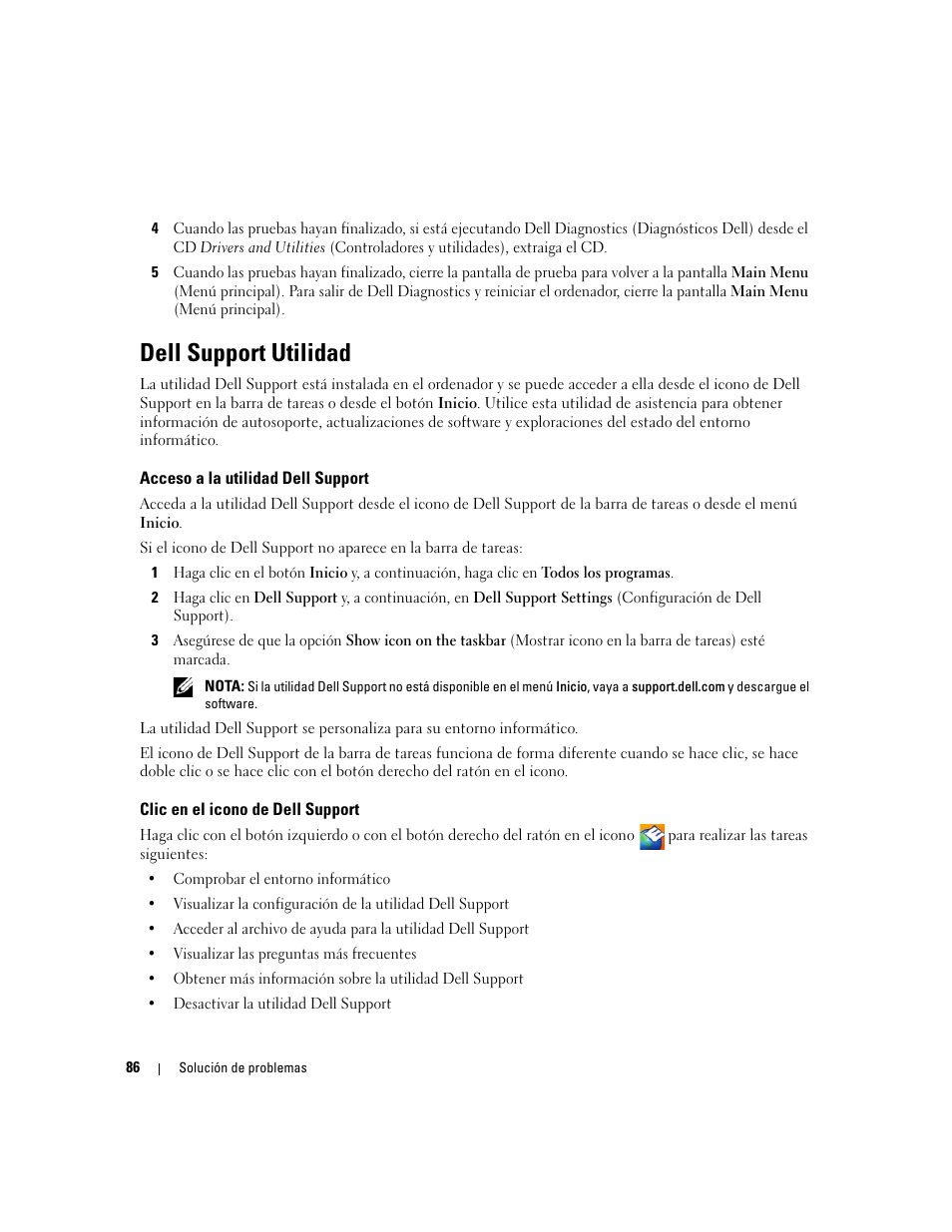 Dell support utilidad, Acceso a la utilidad dell support, Clic en el icono de dell support | Dell Inspiron 640M User Manual | Page 86 / 190