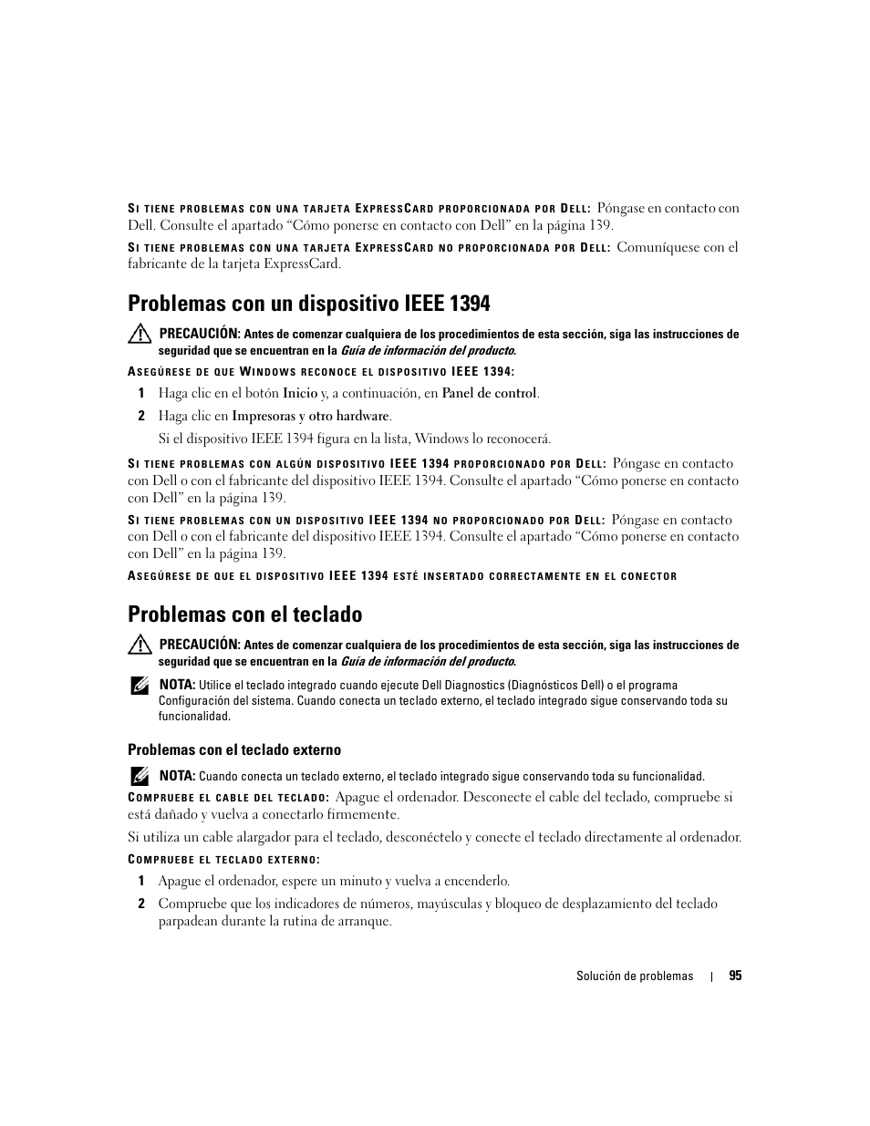 Problemas con un dispositivo ieee 1394, Problemas con el teclado, Problemas con el teclado externo | Dell Inspiron 640M User Manual | Page 95 / 190