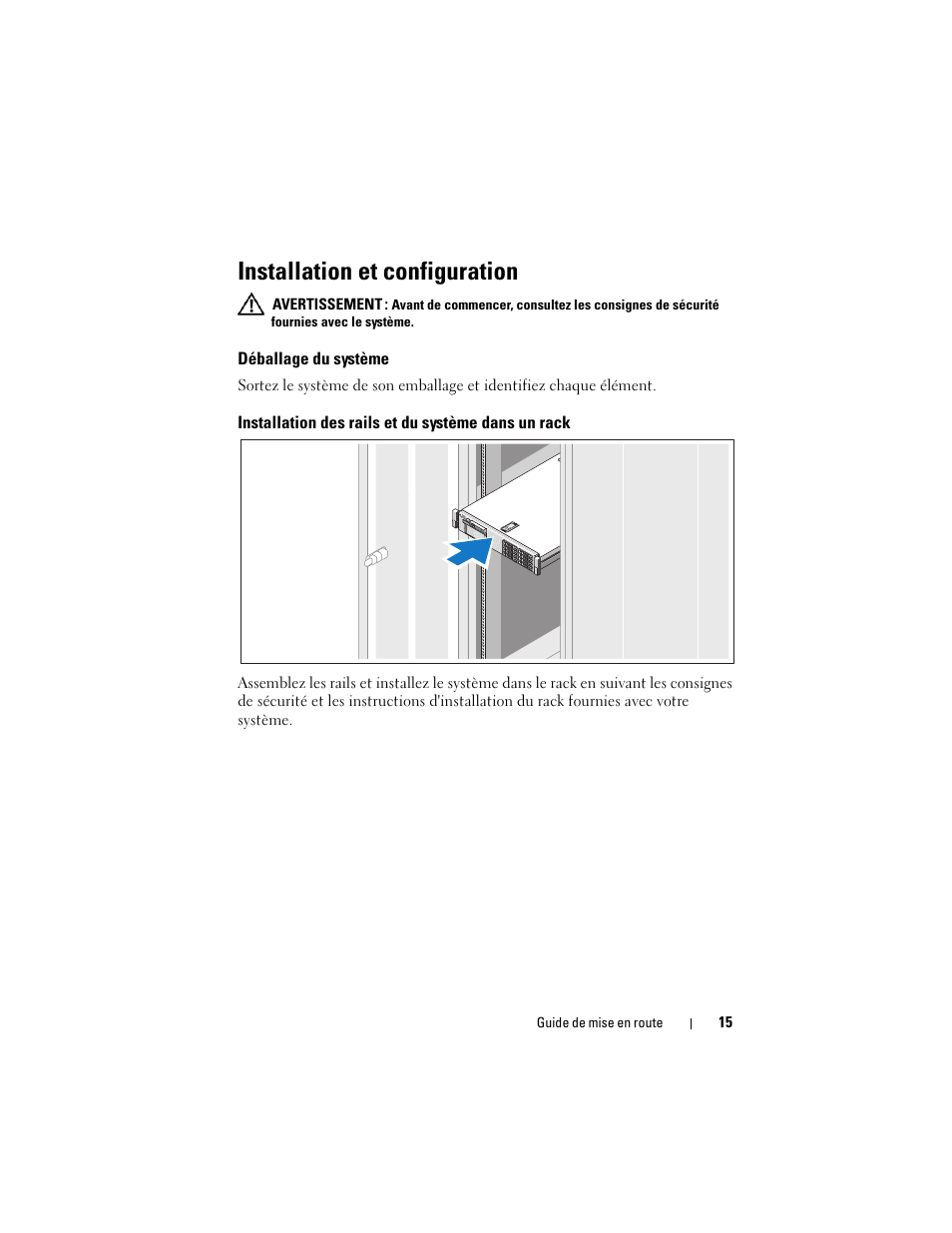 Installation et configuration, Déballage du système, Installation des rails et du système dans un rack | Dell POWEREDGE R710 User Manual | Page 17 / 54