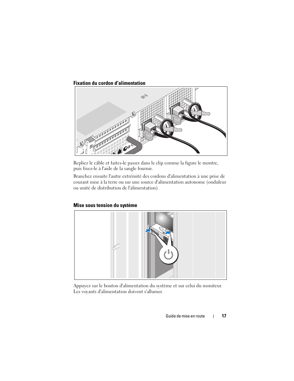 Fixation du cordon d'alimentation, Mise sous tension du système | Dell POWEREDGE R710 User Manual | Page 19 / 54