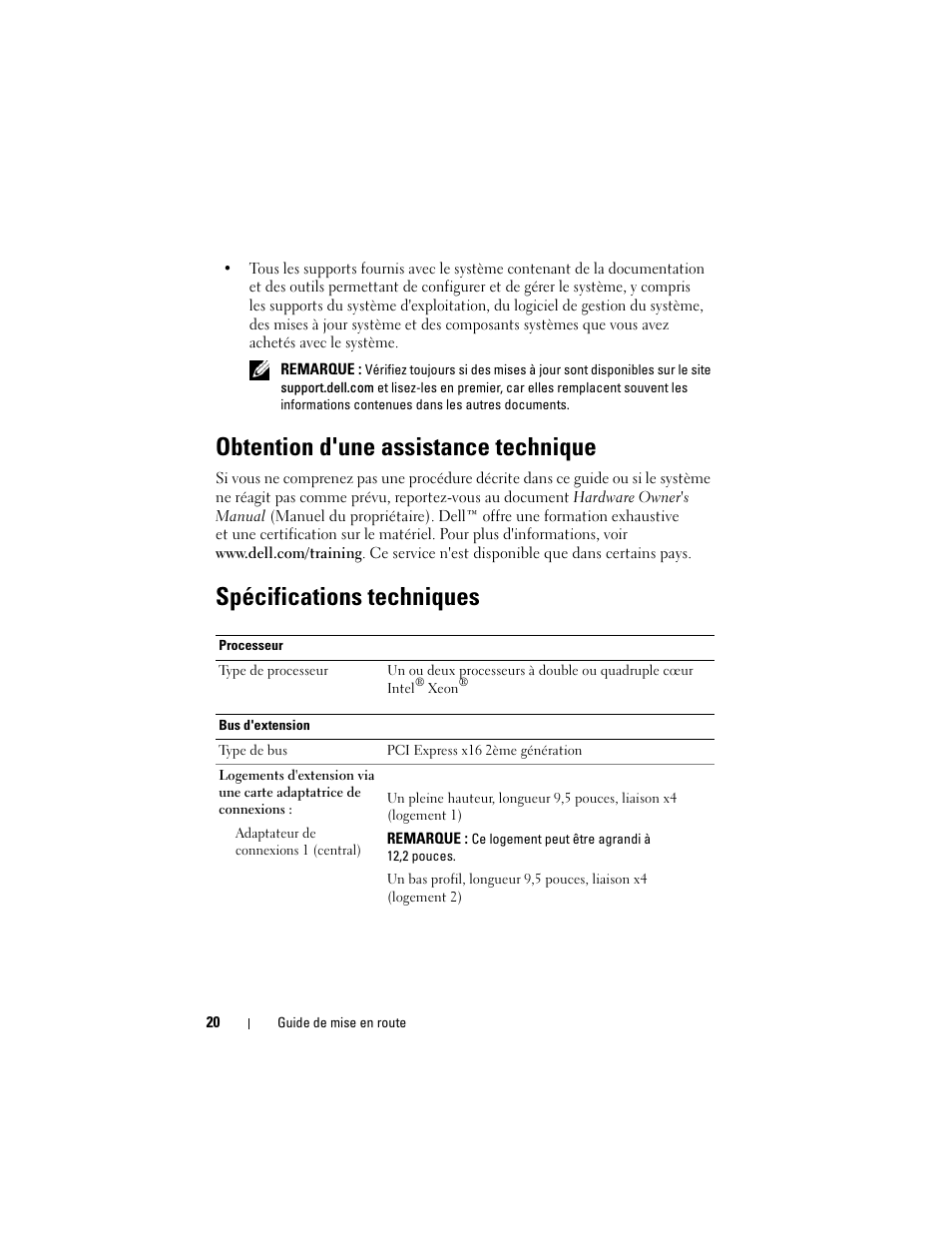 Obtention d'une assistance technique, Spécifications techniques | Dell POWEREDGE R710 User Manual | Page 22 / 54